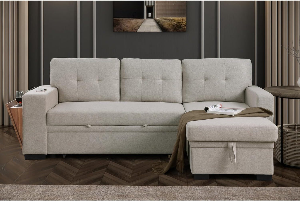 Modern L-Shaped Sleeper Sectional Sofa Bed with Chaise, Light Gray Z26874