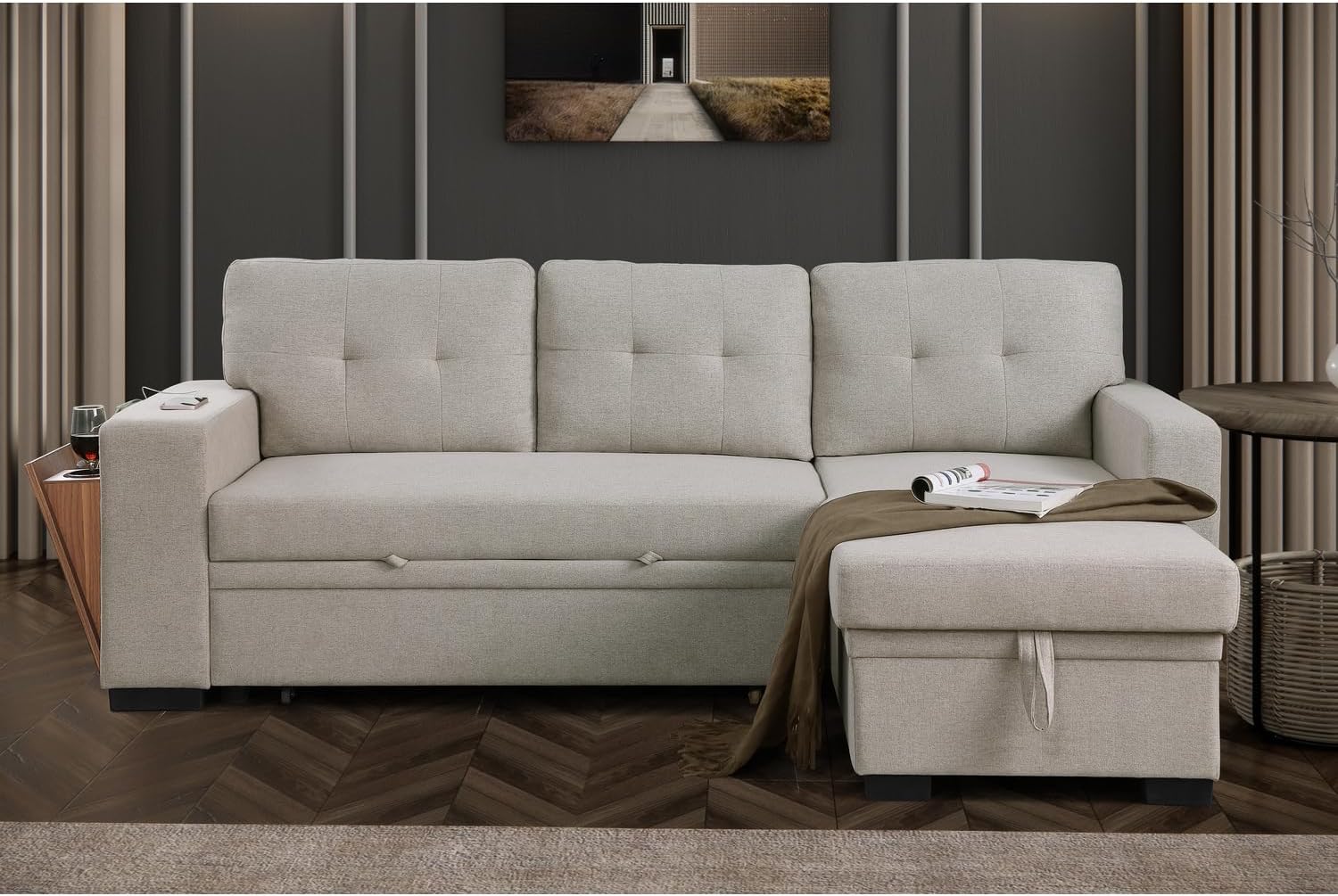 Modern L-Shaped Sleeper Sectional Sofa Bed with Chaise, Light Gray Z26874