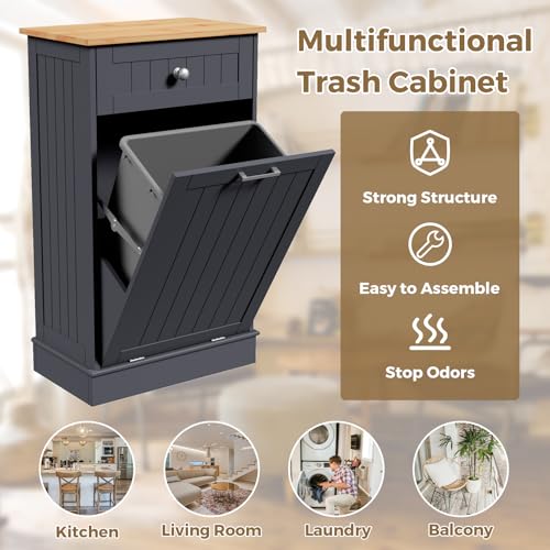 Tilt Out Trash Cabinet with Hideaway Drawer and Bamboo Cutting Board J46442