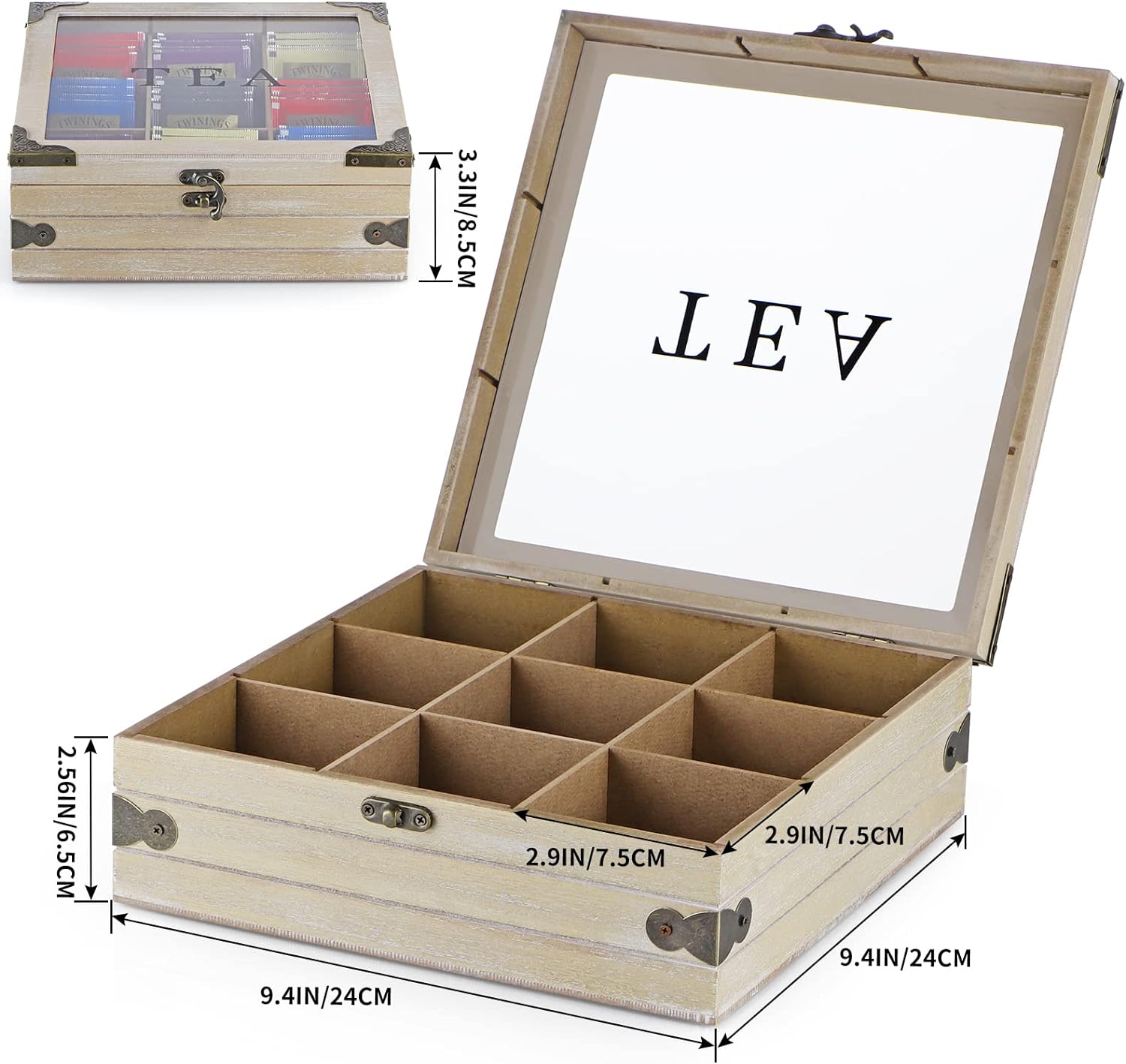 Tea Box Organizer with Glass Lid, 9 Compartments T7357