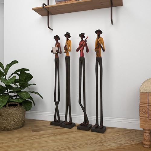 Polystone Musician Decorative Sculpture Tall Long Legged Jazz Band Home Decor Statues with Black Base Stand, Set of 4 Accent Figurines B370
