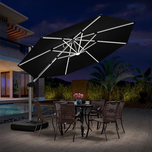Solar Powered Cantilever Patio Umbrella with LED Lights, Navy Blue E7445