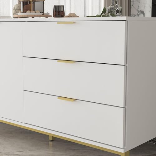 Sideboard Storage Cabinet with Drawers and Doors, Gold Metal Frame Legs, White A499