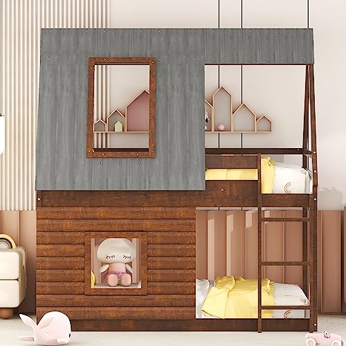 Twin Over Twin Bunk Bed House Shaped with Roof and 2 Windows, Wood Frame, Oak & Smoky Grey V436324