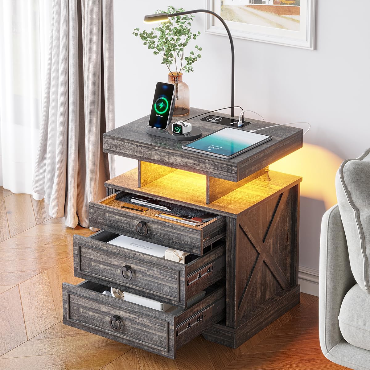 Nightstand Side Table with Wireless Charging Station and 2 Drawers J6619