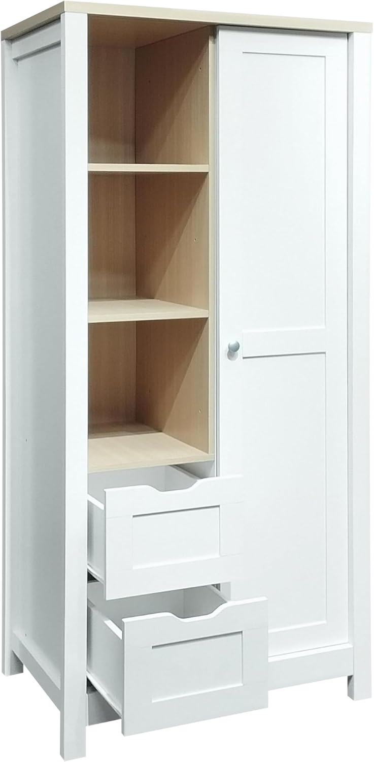 Wardrobe Closet Organizer with 2 Drawers, Open Shelves and Hanging Rods, White Y359