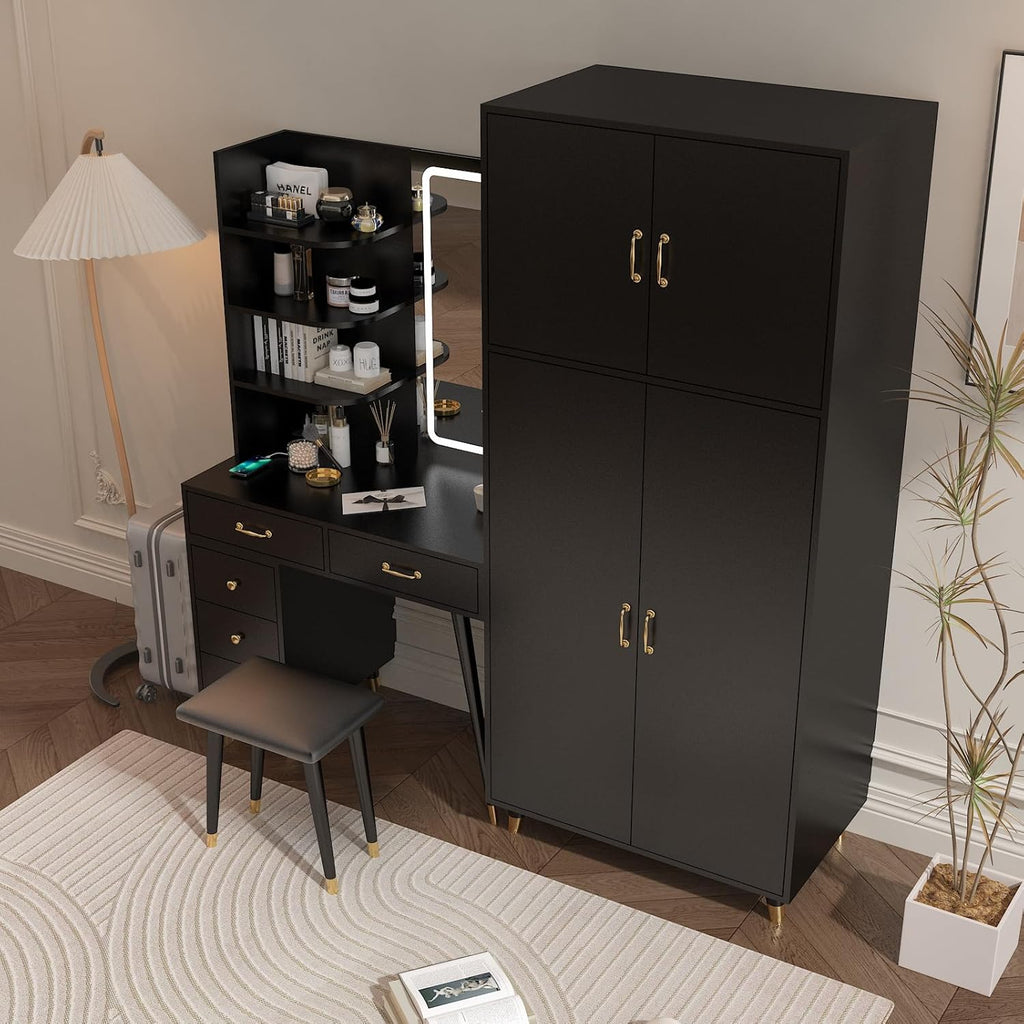 Vanity Desk with Mirror and Stool Set, Storage Cabinet N413234