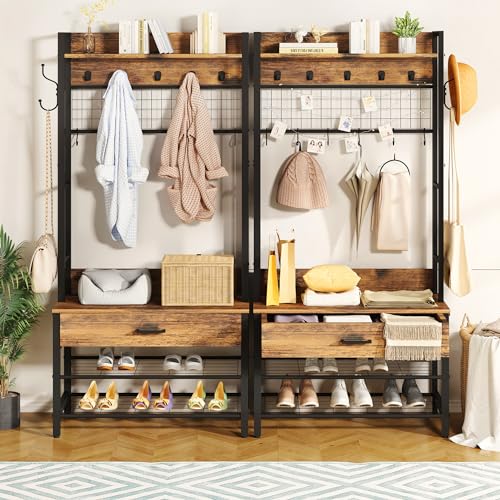Hall Tree with Bench and Shoe Storage for Entryway, 5-in-1 Coat Rack with 12 Hooks B38564