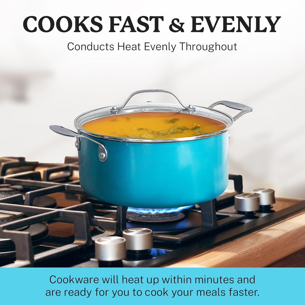 Nonstick Pots and Pans Set, Ceramic Cookware, Dishwasher Safe, Aqua Blue L750