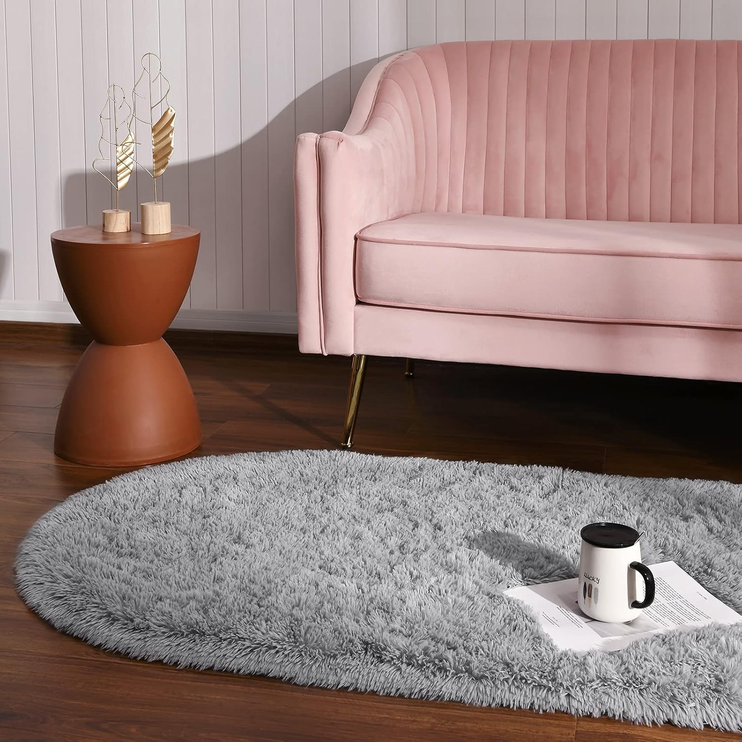 Fluffy Shag Area Rugs for Bedroom, Set of 2, Grey & Rainbow, Oval Indoor Carpet D990699