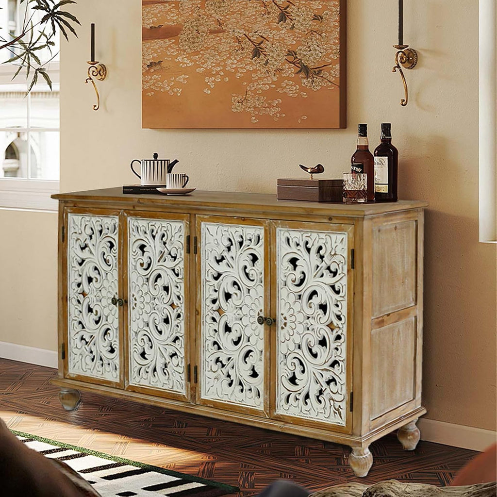 Accent Cabinet with 4 Doors, Wood Carved Floral Storage Sideboard Z52452