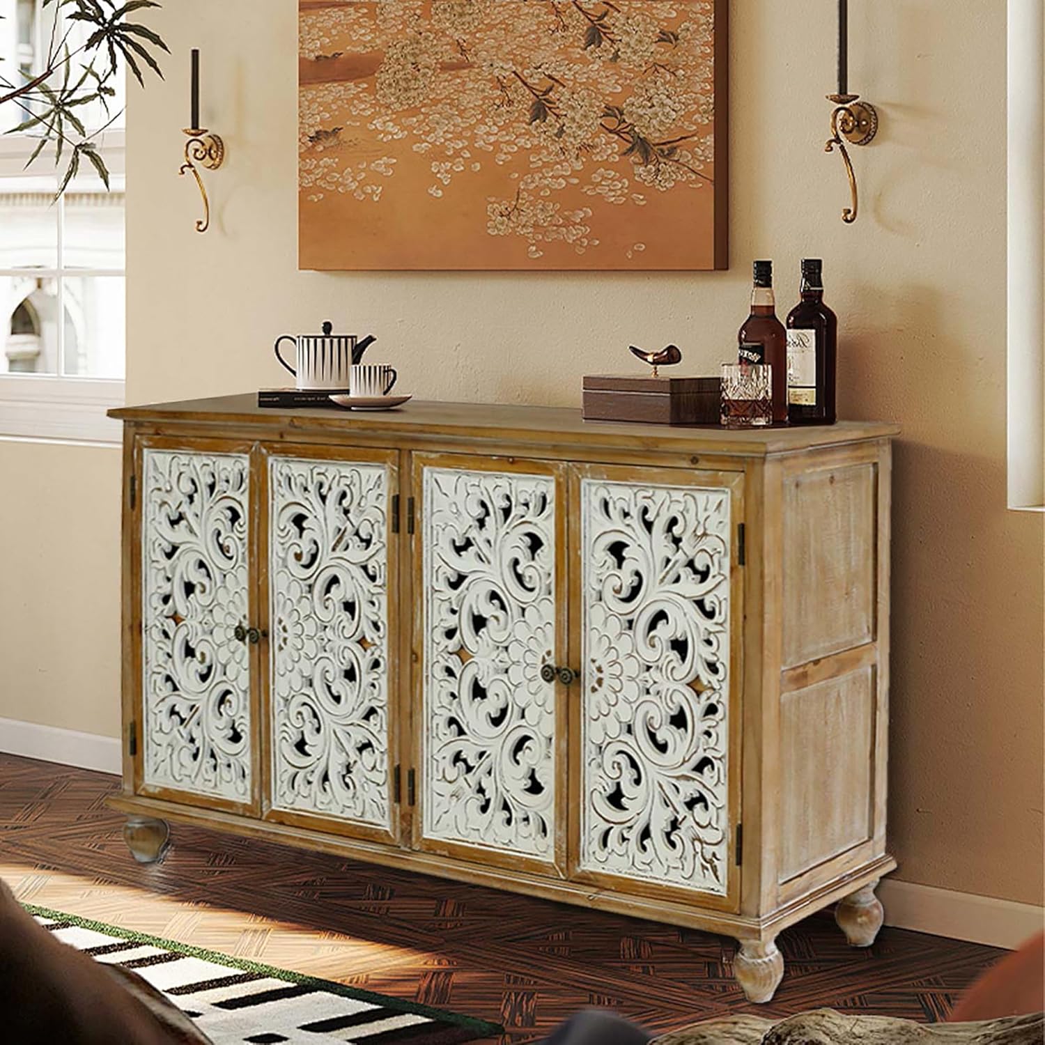 Accent Cabinet with 4 Doors, Wood Carved Floral Storage Sideboard Z52452