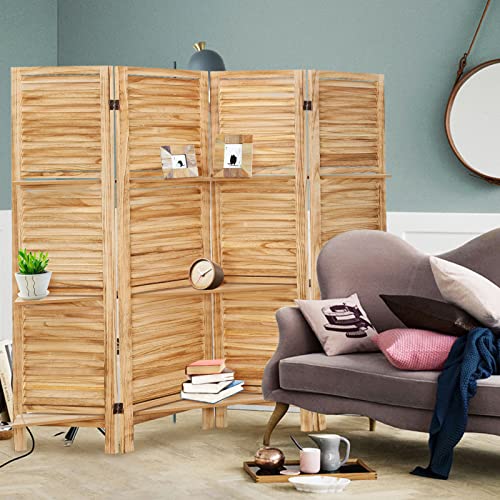 4 Panel Wooden Room Divider with Shelves, Freestanding Folding Privacy Screen B355