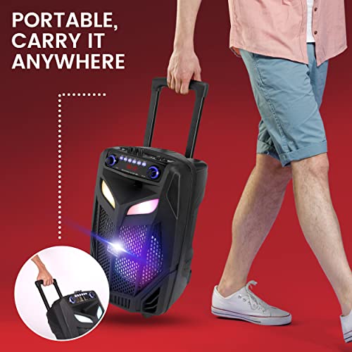 Portable Bluetooth PA Speaker System with Party Lights, USB/SD Reader, FM Radio, Rolling Wheels, Wireless Microphone, Remote F5862