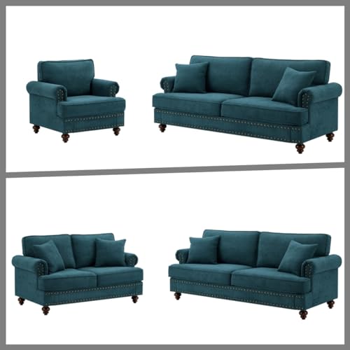 Green Fabric 3 Seater Chesterfield Sofa with Rolled Arms U6874
