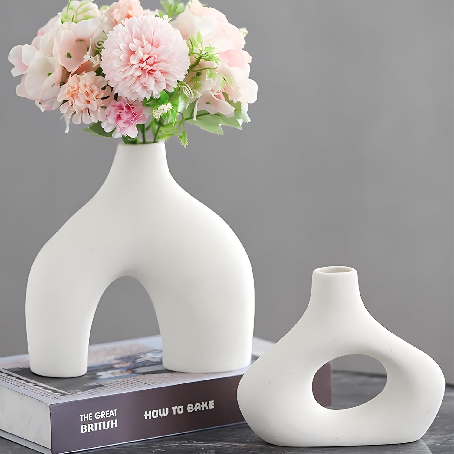 White Ceramic Vase Set of 2, Matte Donut Vases for Pampas Grass R76837
