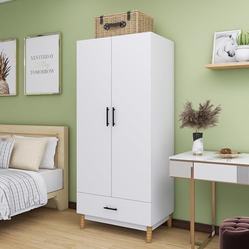 White Wood Wardrobe Cabinet with 2 Drawers and Hanging Rod T97523