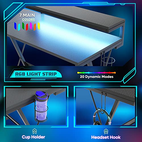 L Shaped Gaming Desk with LED, 55 Inch, Monitor Shelf and Cup Holder E979552