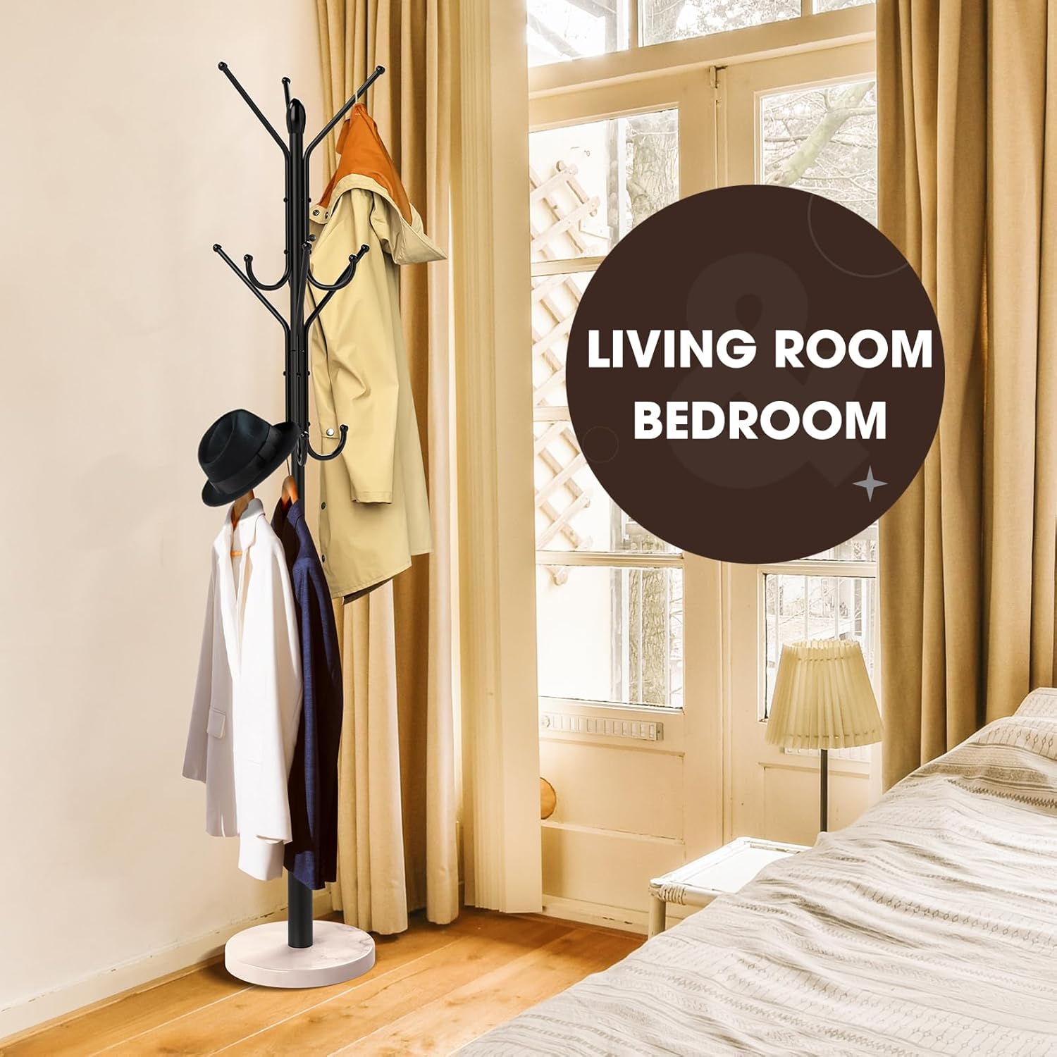 Metal Coat Rack with 12 Storage Hooks, Marble Base T186977