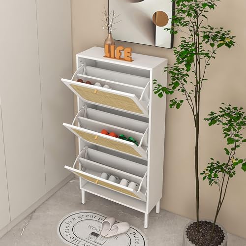 Natural Rattan Narrow Shoe Storage Cabinet with 3 Flip Drawers F32089