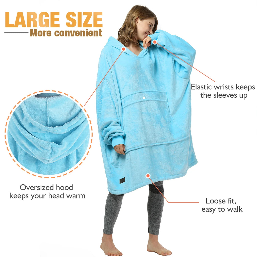 Hooded Blanket Sweatshirt, Soft Fleece Pullover for Adults, Blue I732545