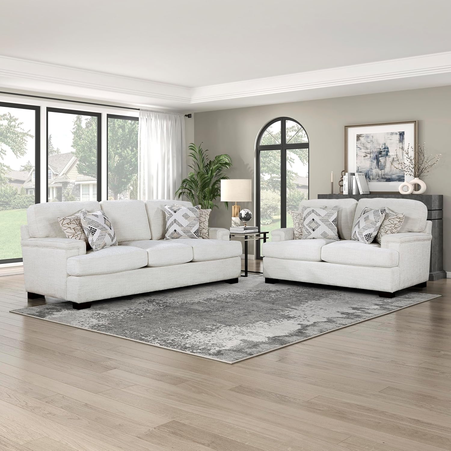 Lexicon Living Room Furniture Sets, Chenille Upholstered Couch and Loveseat Sets with Deep Seats and 4 Accent Pillows, Cream