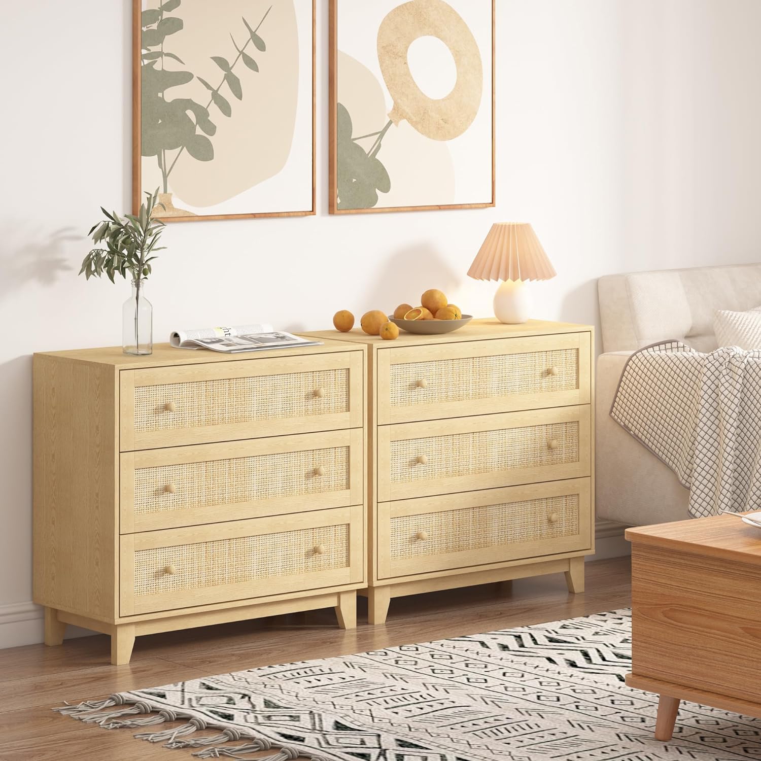 3 Drawer Dresser for Bedroom, Natural Rattan, Wood Storage Organizer S805155