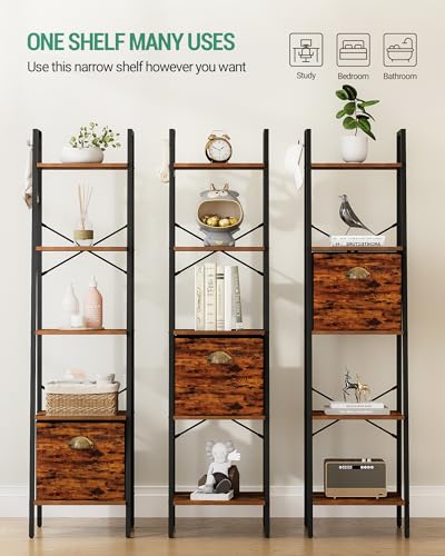 Narrow Bookshelf Bookcase with Drawer, Ladder Shelf with 2 Hooks, 4 Tier Rustic Brown J4949