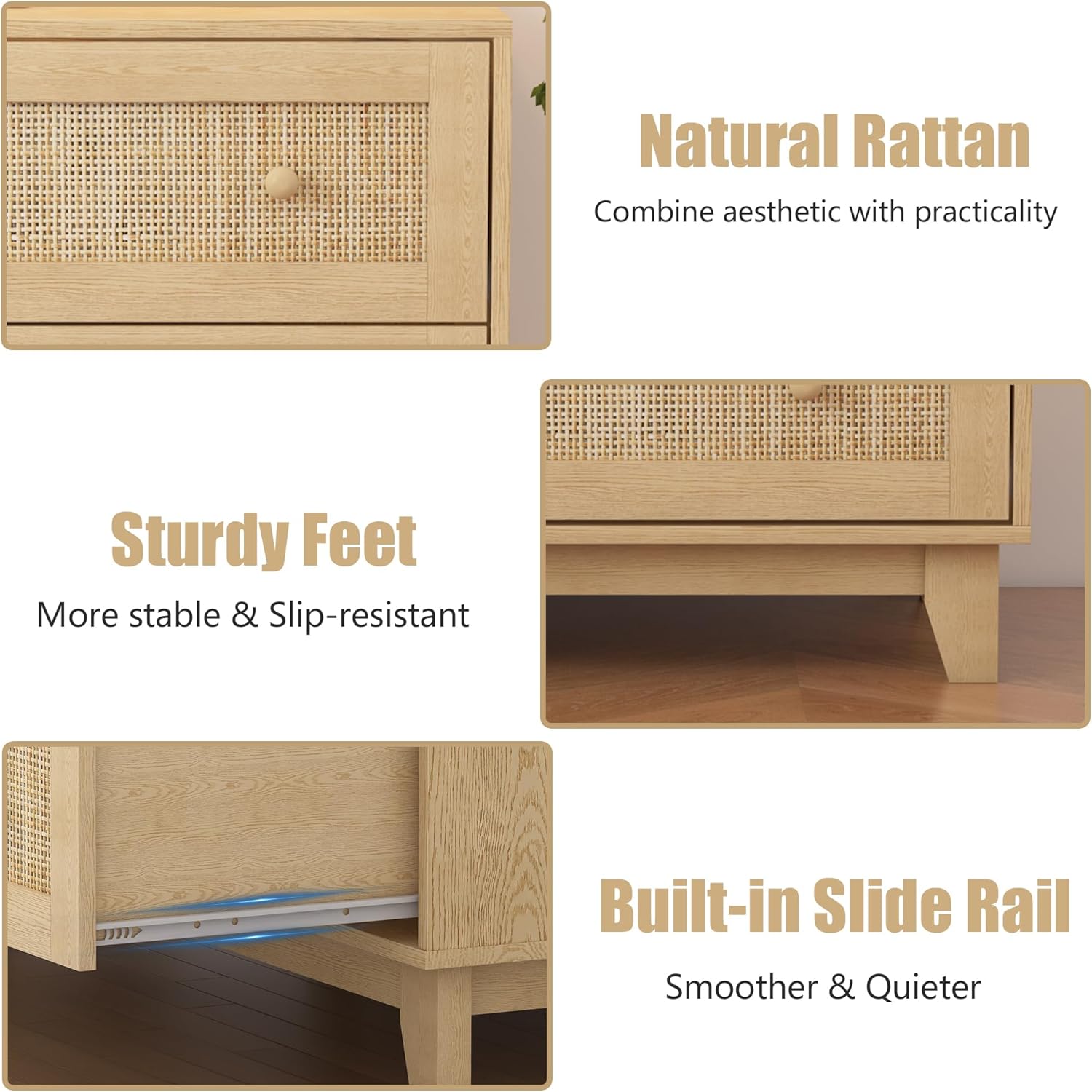 3 Drawer Dresser for Bedroom, Natural Rattan, Wood Storage Organizer S805155