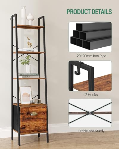Narrow Bookshelf Bookcase with Drawer, Ladder Shelf with 2 Hooks, 4 Tier Rustic Brown J4949