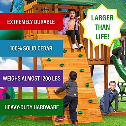 Cedar Wood Swing Set with Clubhouse, Rock Wall, and Spiral Slide V766