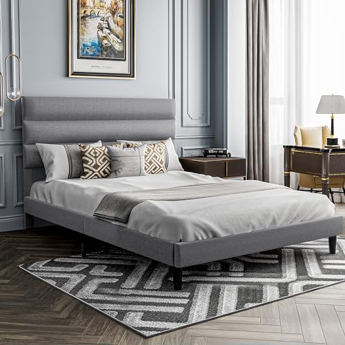 Full Size Bed Frame with Adjustable Linen Headboard, No Box Spring Needed, Dark Gray S1450