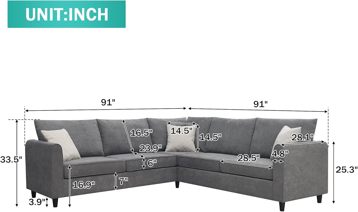 Upholstered L-Shape Sectional Sofa with 3 Pillows, Grey T3663