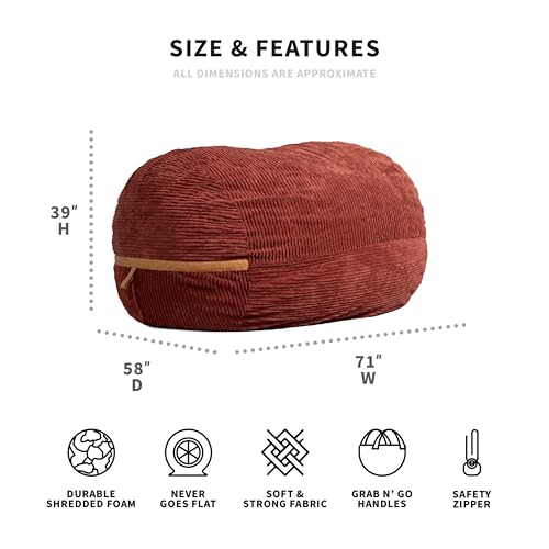 XXL Foam Filled Bean Bag Chair with Removable Cover, Deep Terracotta Corded Plush, 6 feet E194868