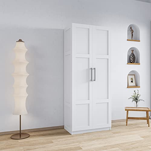 Bedroom Armoire Wardrobe with Doors and Shelevs,Clothing Storage Cabinet, Two Door Kitchen Cabinet, Wood Closet Organzier for Bedroom, Laundry Room White (23.62" L x 16.93" W x 70.87" H)