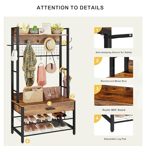 Hall Tree with Bench and Shoe Storage for Entryway, 5-in-1 Coat Rack with 12 Hooks B38564