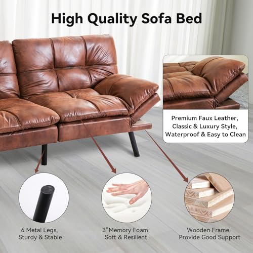 Faux Leather Futon Sofa Bed with Memory Foam, Convertible Sleeper Couch A60612