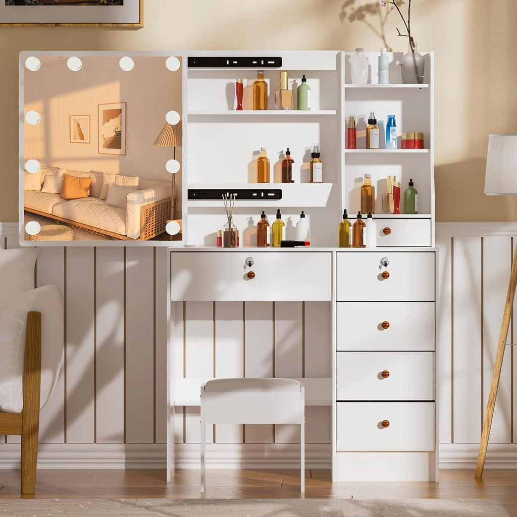 Girls Makeup Vanity with Sliding Mirror and Lights, Lockable Drawers, Soft Chair V777