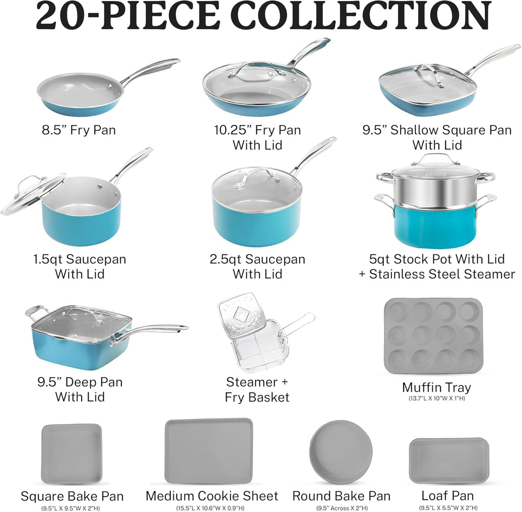 Nonstick Pots and Pans Set, Ceramic Cookware, Dishwasher Safe, Aqua Blue L750