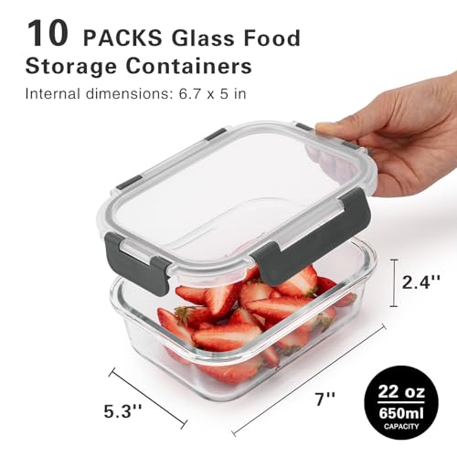 Glass Meal Prep Containers with Lids, 22 Oz, 10 Pack V40533