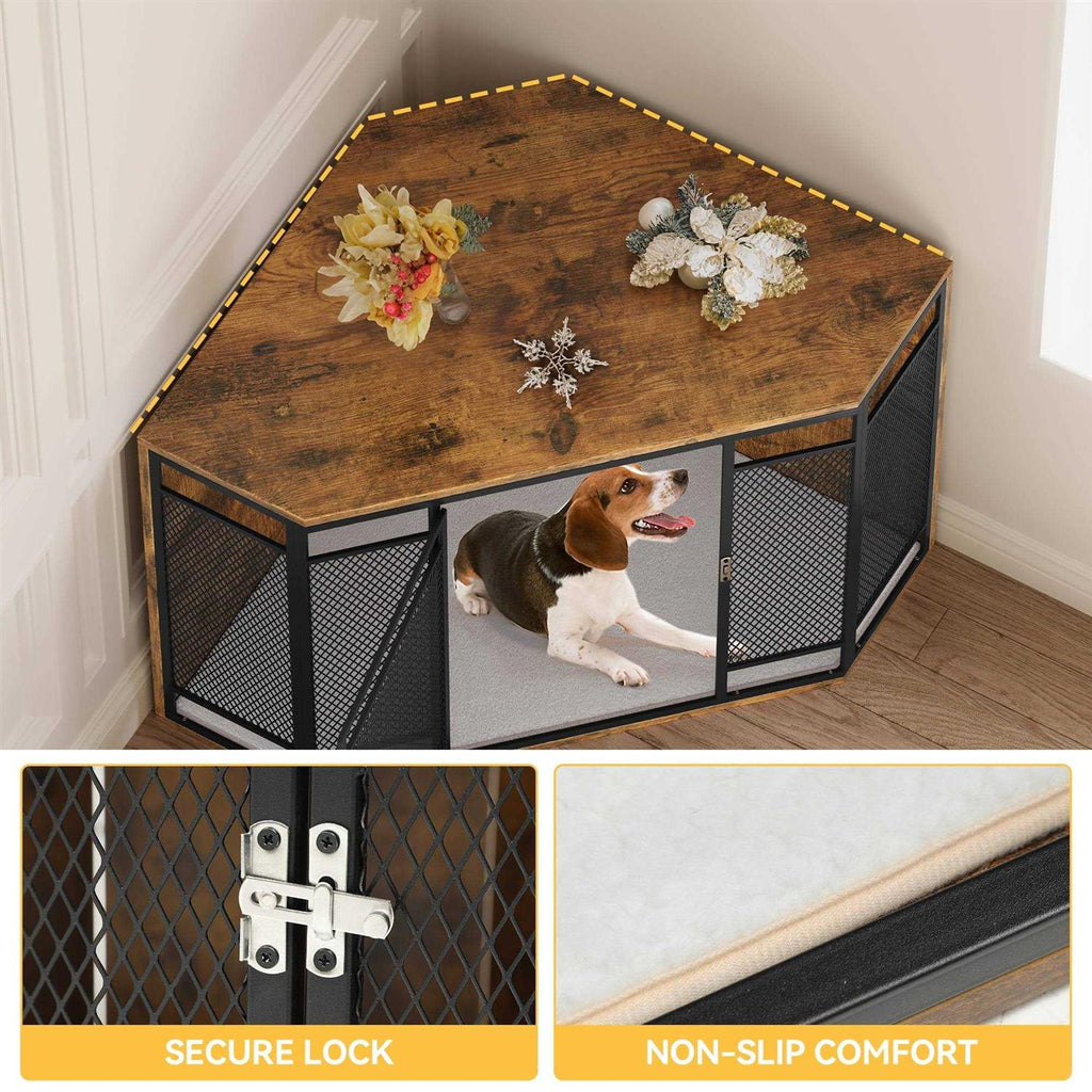Corner Dog Crate Furniture, 43.7-inch Wooden Dog Kennel with Metal Mesh F719