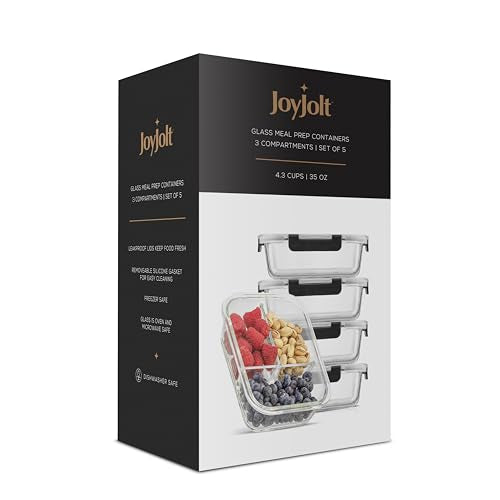 Glass Meal Prep Containers with Lids, 3 Compartment Bento Box, 5 Pack Q376068