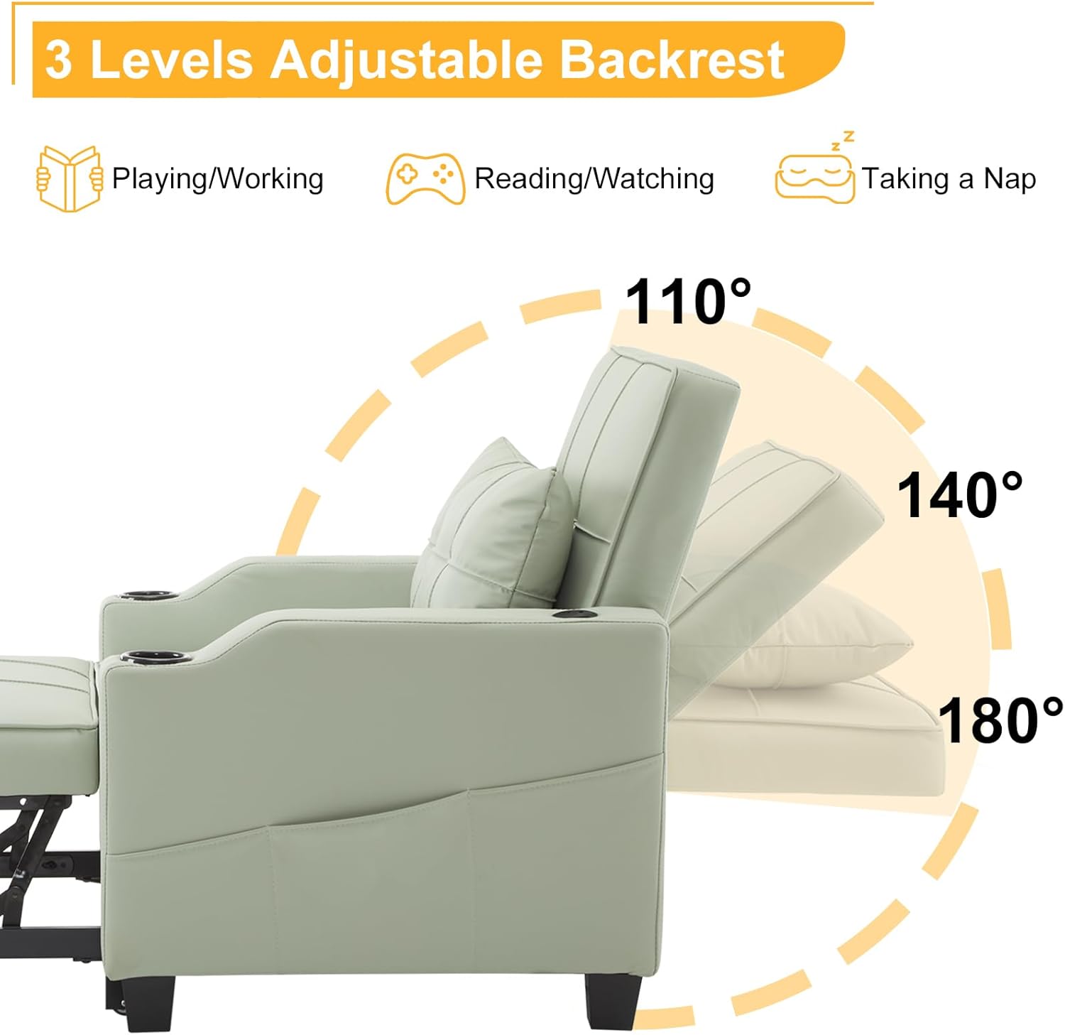 Sleeper Chair 3-in-1 Pull Out Sofa Bed Convertible Reading Chair with USB Ports, PU Leather Mint Green V733820