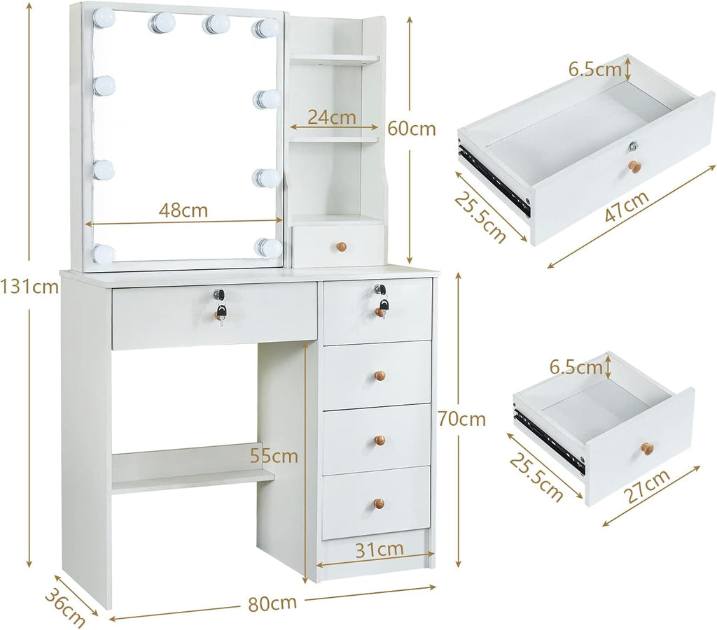 Girls Makeup Vanity with Sliding Mirror and Lights, Lockable Drawers, Soft Chair V777