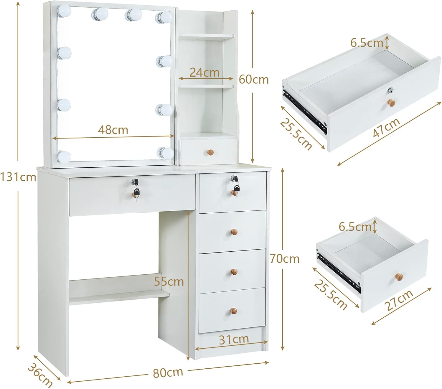 Girls Makeup Vanity with Sliding Mirror and Lights, Lockable Drawers, Soft Chair V777