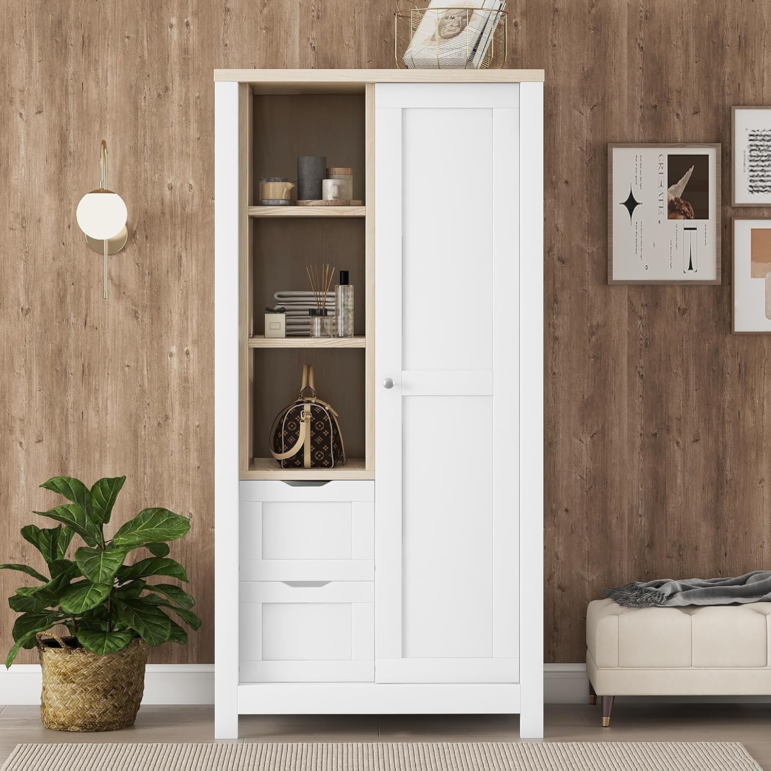 Merax Wardrobe Closet Organizer with 2 Drawers, Open Shelves and Hanging Rods Slim Wooden Armoire Sliding Door Functional Clothes Storage Cabinet for Bedroom, White