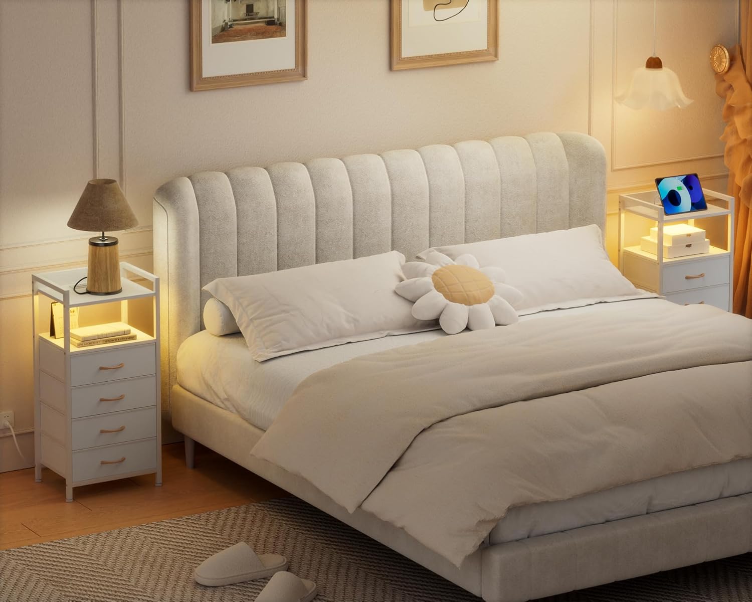 Nightstand with 4 Storage Drawers, LED Light and Charging Station Z553977