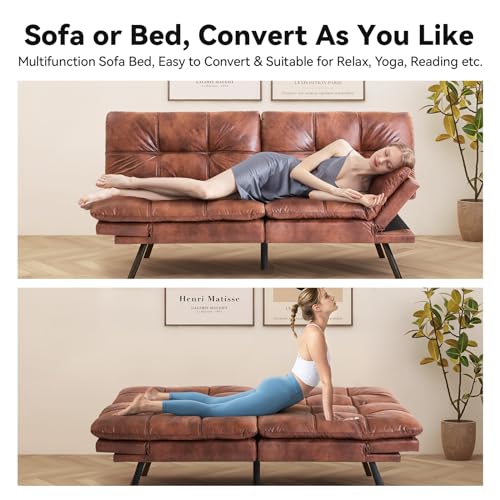 Faux Leather Futon Sofa Bed with Memory Foam, Convertible Sleeper Couch A60612