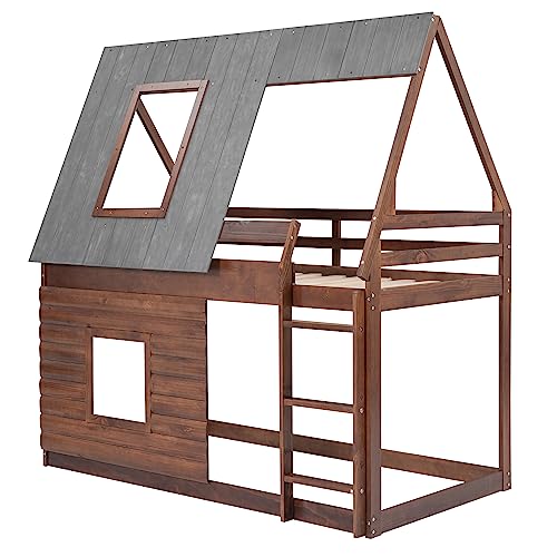 Twin Over Twin Bunk Bed House Shaped with Roof and 2 Windows, Wood Frame, Oak & Smoky Grey V436324