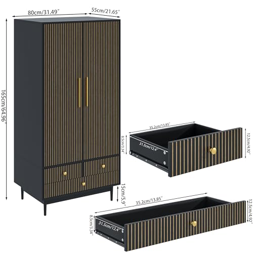 Wooden Wardrobe Closet with 2 Fluted Doors and 3 Drawers W2191